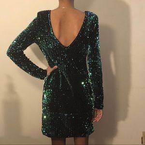 Blue and green sequin long sleeve cocktail dress